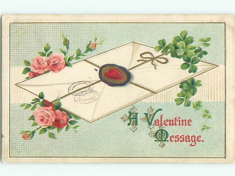 Pre-Linen Valentine Envelope Featuring Pink Roses and Lucky Clover Design J0660