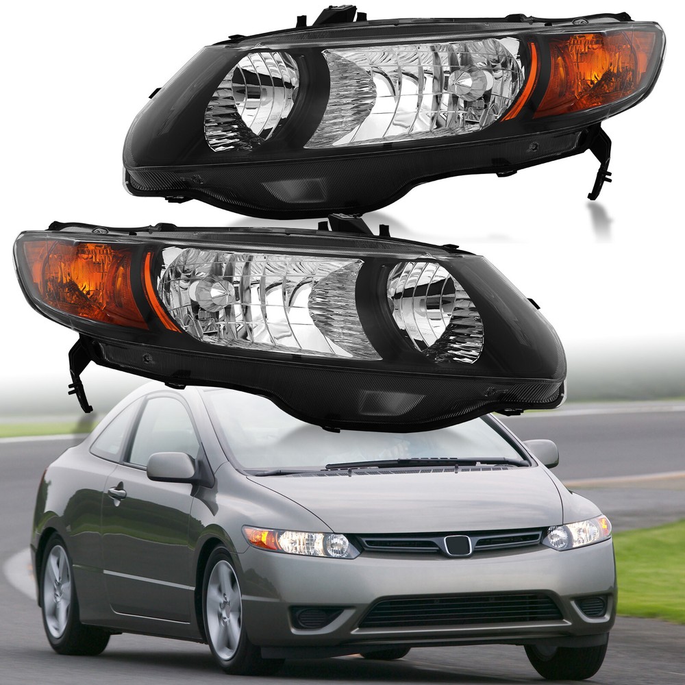 2PCS Headlights For 2006-2011 Honda Civic 2Dr Coupe Headlamps Replacement LH+RH
