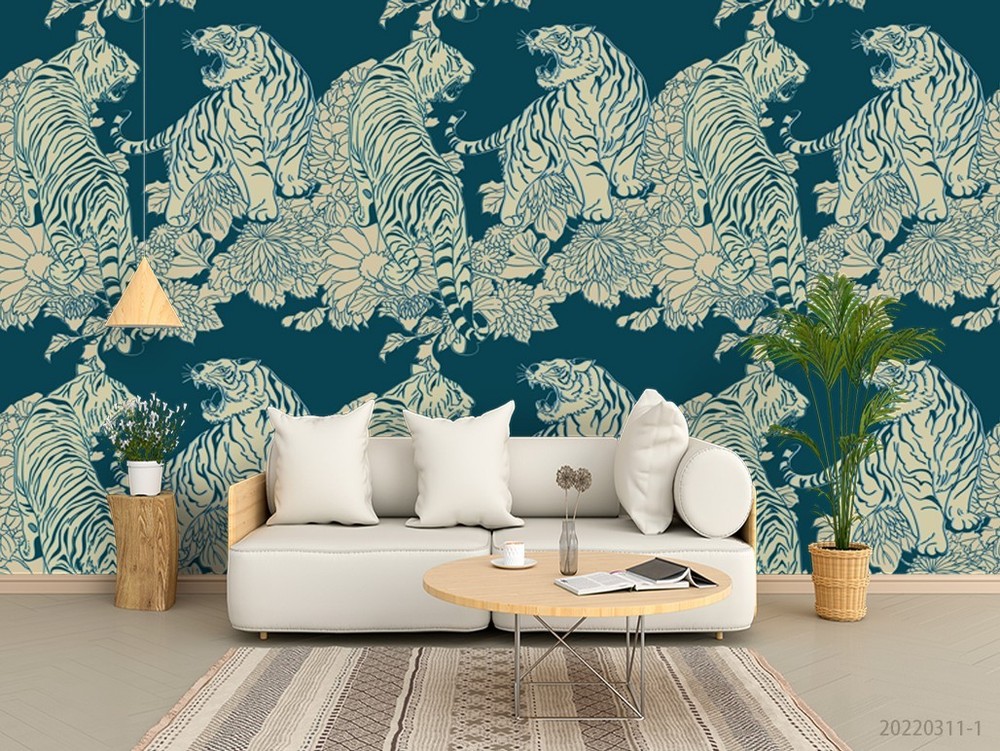 3D Hand Drawn Tiger Flowers Pattern Wall Murals Wallpaper Murals Wall Sticker