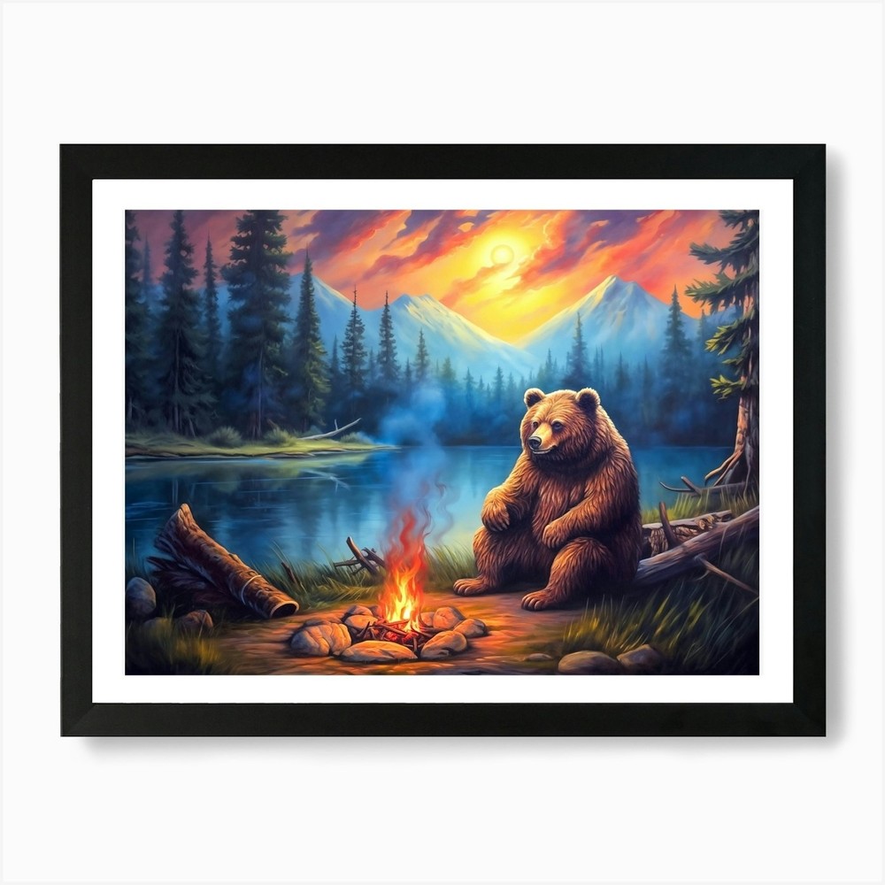 Bear By The Campfire Art Print Framed Wall Art Poster Canvas Print Picture
