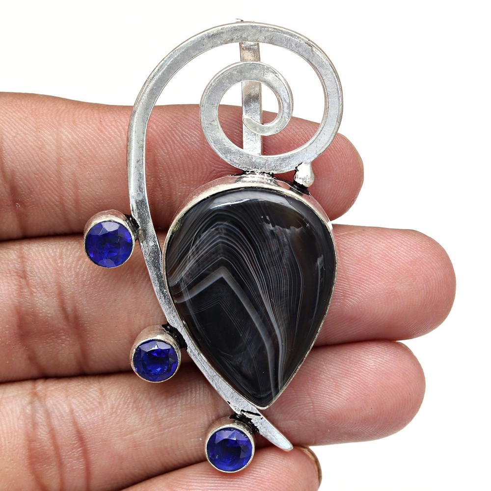Gray Botswana Agate Tanzite Silver Pendant for Mother's Day 2.25 Inch