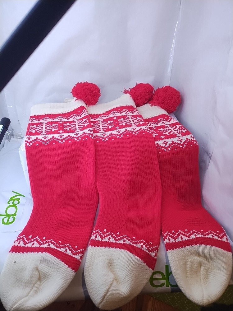 Vintage Knit Hallmark Christmas Stocking Nordic Pom Pom - Lot of 3
