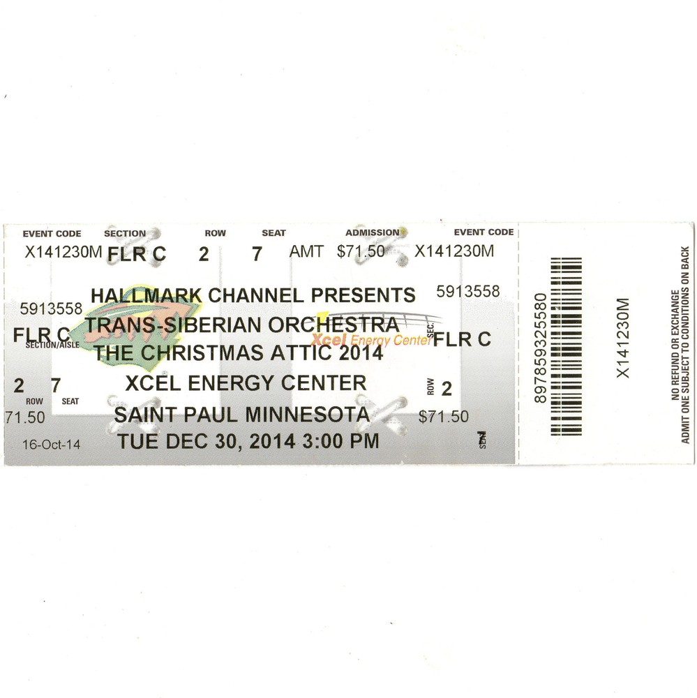 TRANS SIBERIAN ORCHESTRA Concert Ticket Stub ST PAUL MN 12/30/14 CHRISTMAS ATTIC