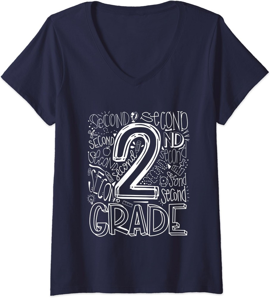 Back To School 2nd Second Grade Typography Cool Gift Ladies' V-Neck Tshirt-image