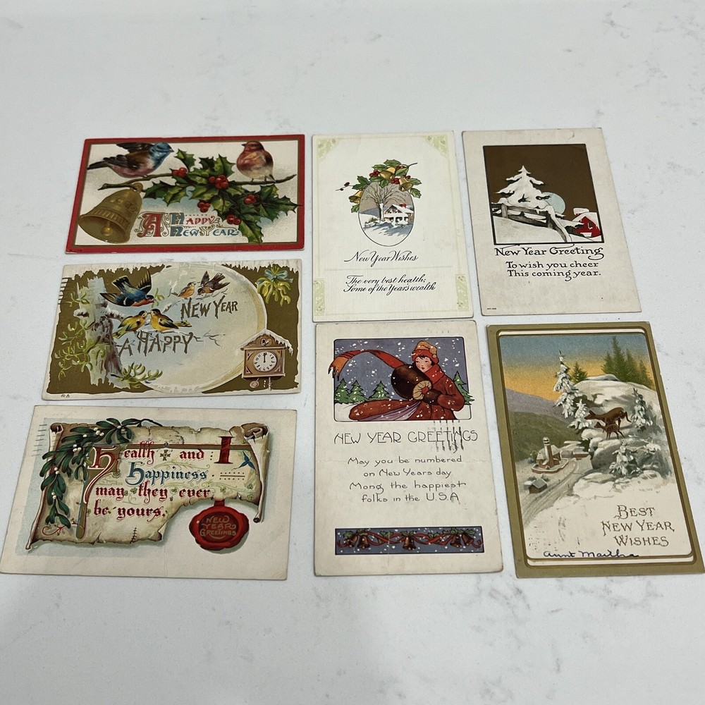 Vintage New Years Postcard Lot of 7. 1912-1923.George Washington One Cent Stamp-image