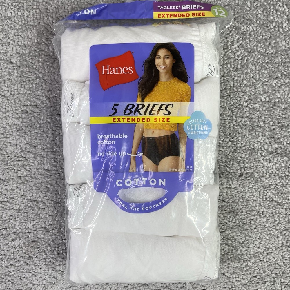 Hanes Womens Size 12 White Cotton Briefs 5-Pack Tagless Extended Size