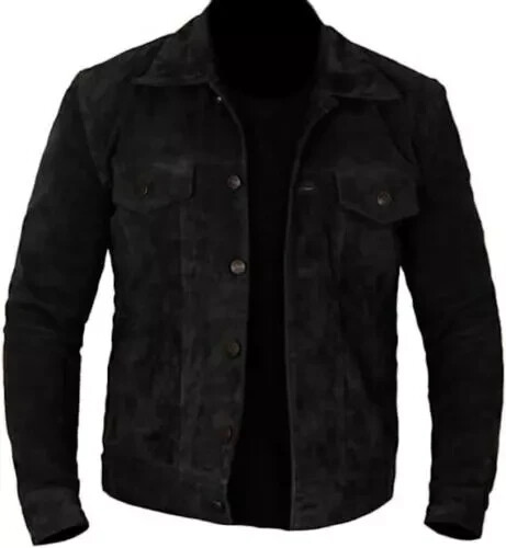 Men's Black Suede Trucker Jacket 100% Real Suede Leather Denim Style Jacket Coat