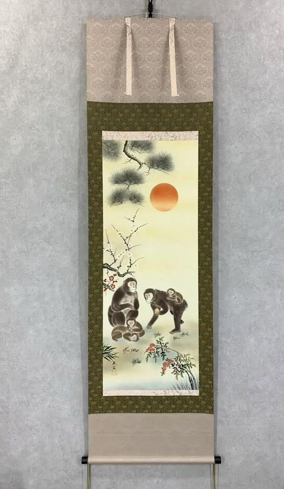 Hanging Scroll Takagi Spring Stones, Southern Tenmatsu, Bamboo Plum, Five Monkey