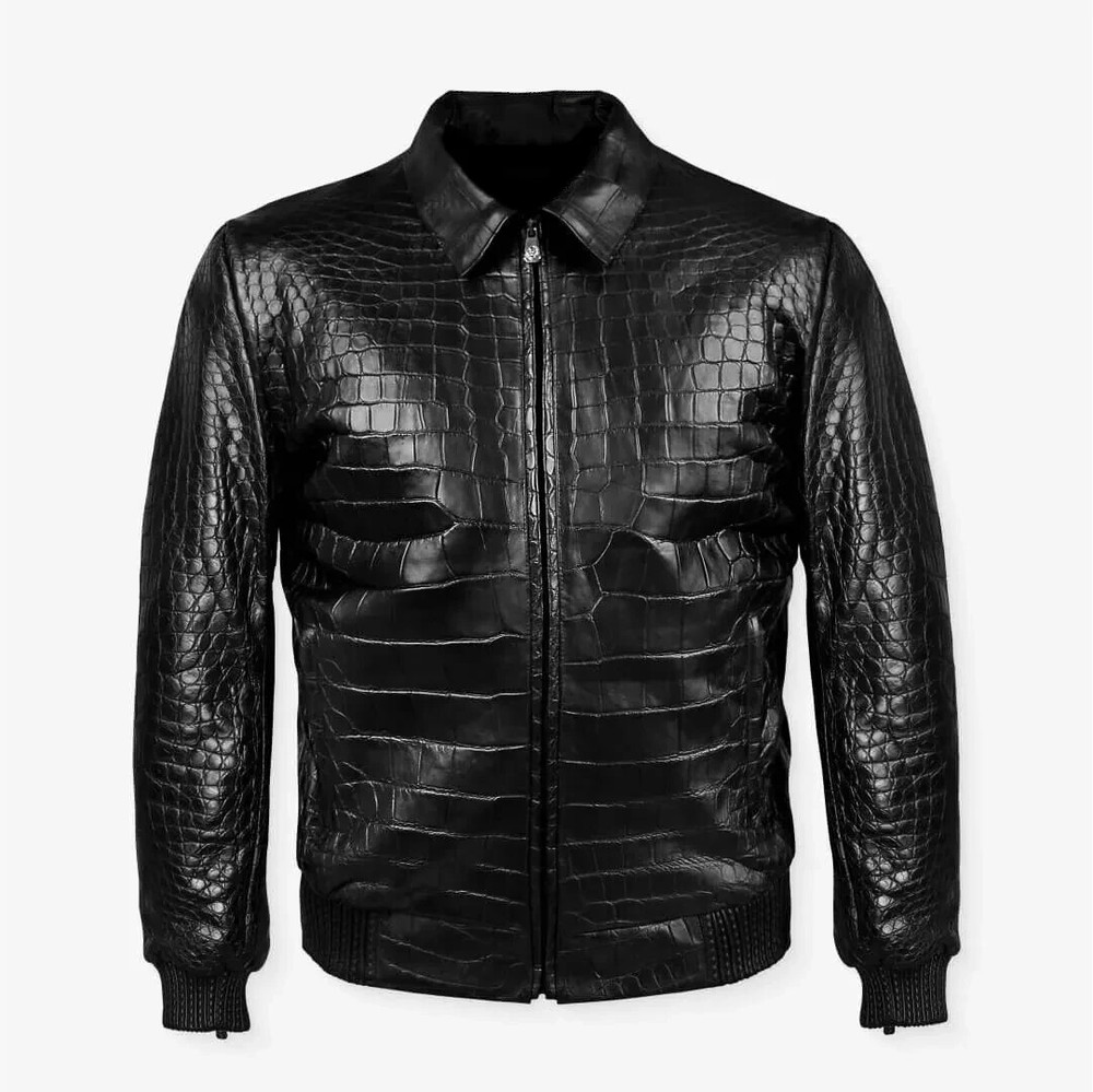 Men's Black Real Leather Crocodile Embossed Jacket Bomber Alligator Print Jacket