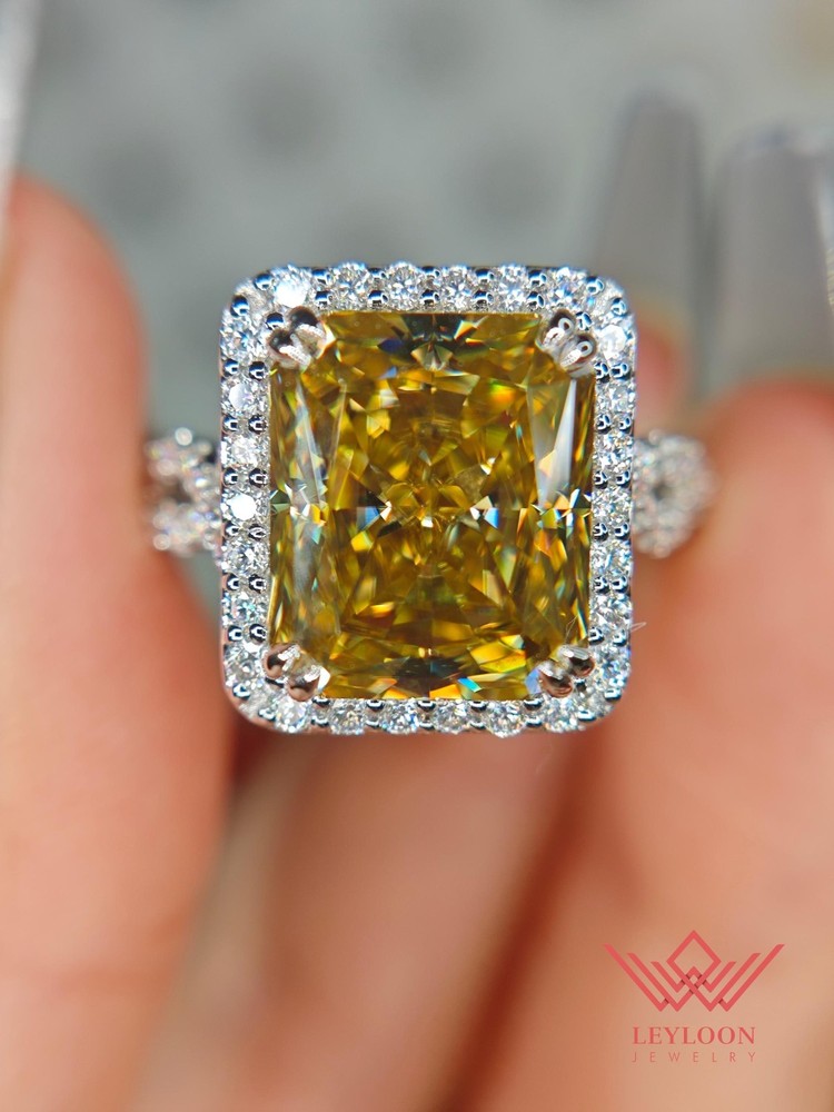 7 Carat Radiant Cut Moissanite Ring Vivid Yellow Halo Infinity Shank - 10K  Gold