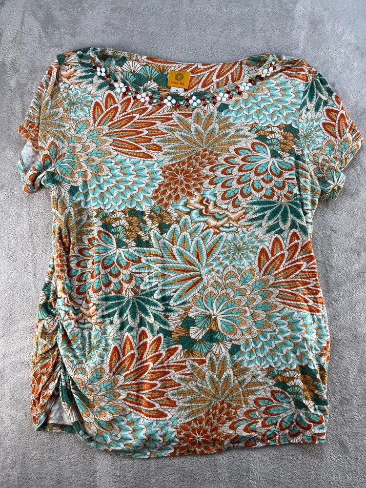 Ruby Rd Top Womens XL Floral Beaded Short Sleeve Stretch Casual Multicolor