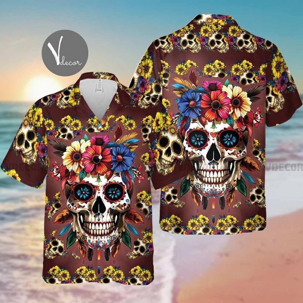 Skull Sunflower Hawaiian Shirt Skull Lover Summer Shirt 3D Aloha Shirt Mexico