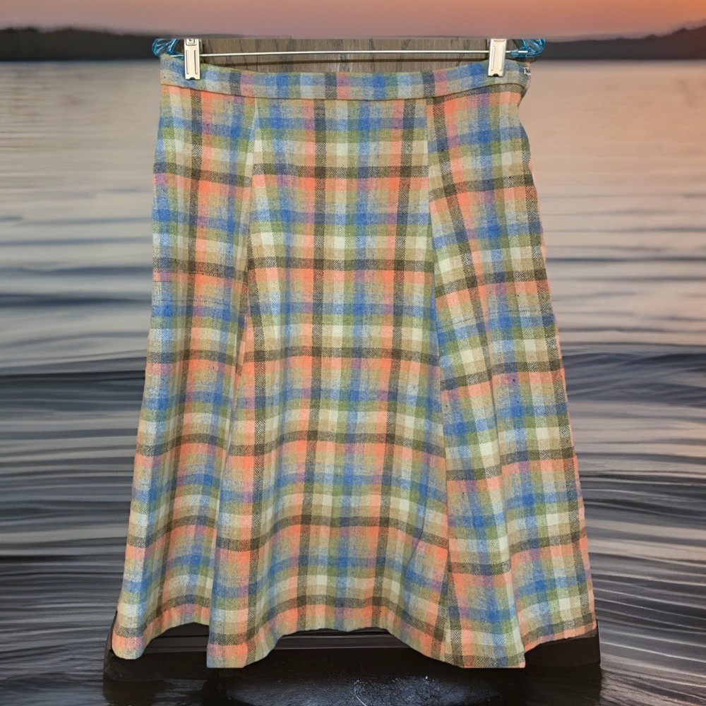 Vtg Skirt Pink Blue Beige Wool Blend 6-panel Academia sz S Costume