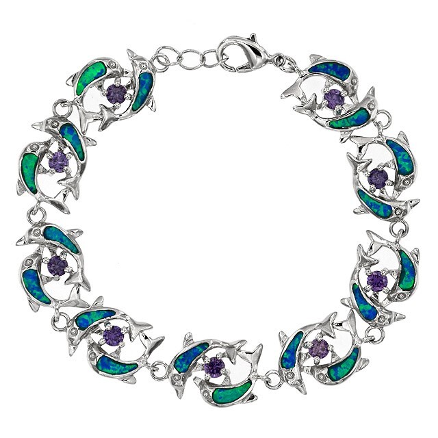 4CT Amethyst and Australian Opal Sterling Silver Dolphin Tennis Bracelet