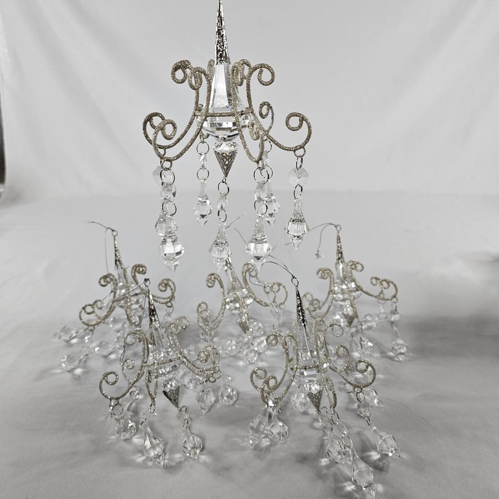 Lot Of 6 Chandelier Style Christmas Ornaments Silver Tone With Prisms Pls READ⬇