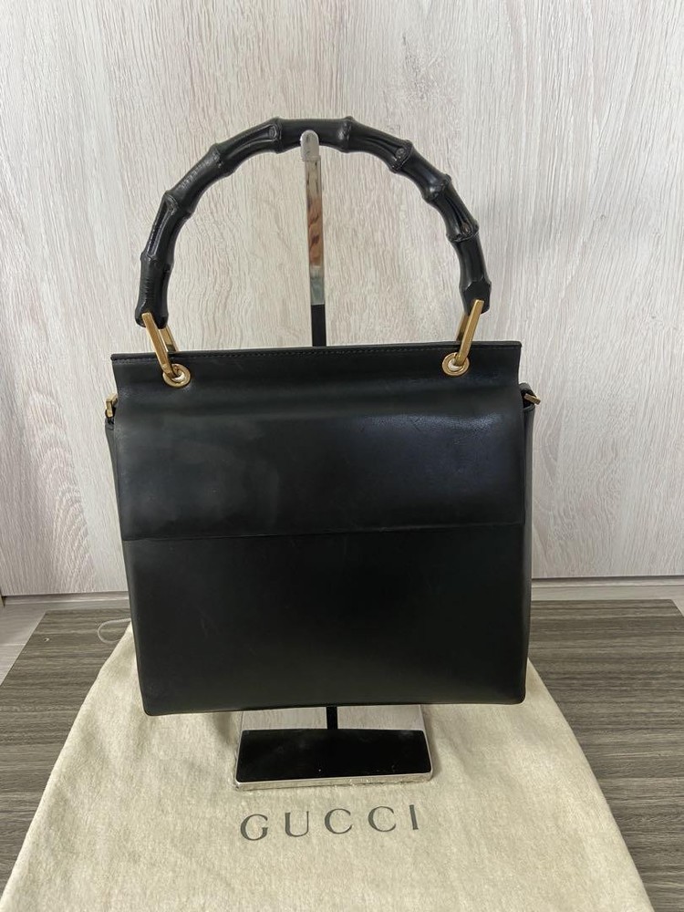Gucci Black Bamboo Leather Tote Bag 23x24x10cm Pre-Owned Formal Handbag
