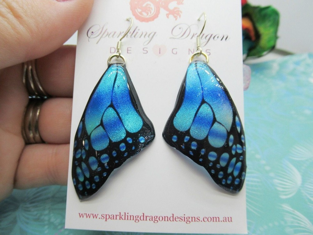 Blue Stained Glass Butterfly Wing Earrings - Fairy Jewelry Medium Size