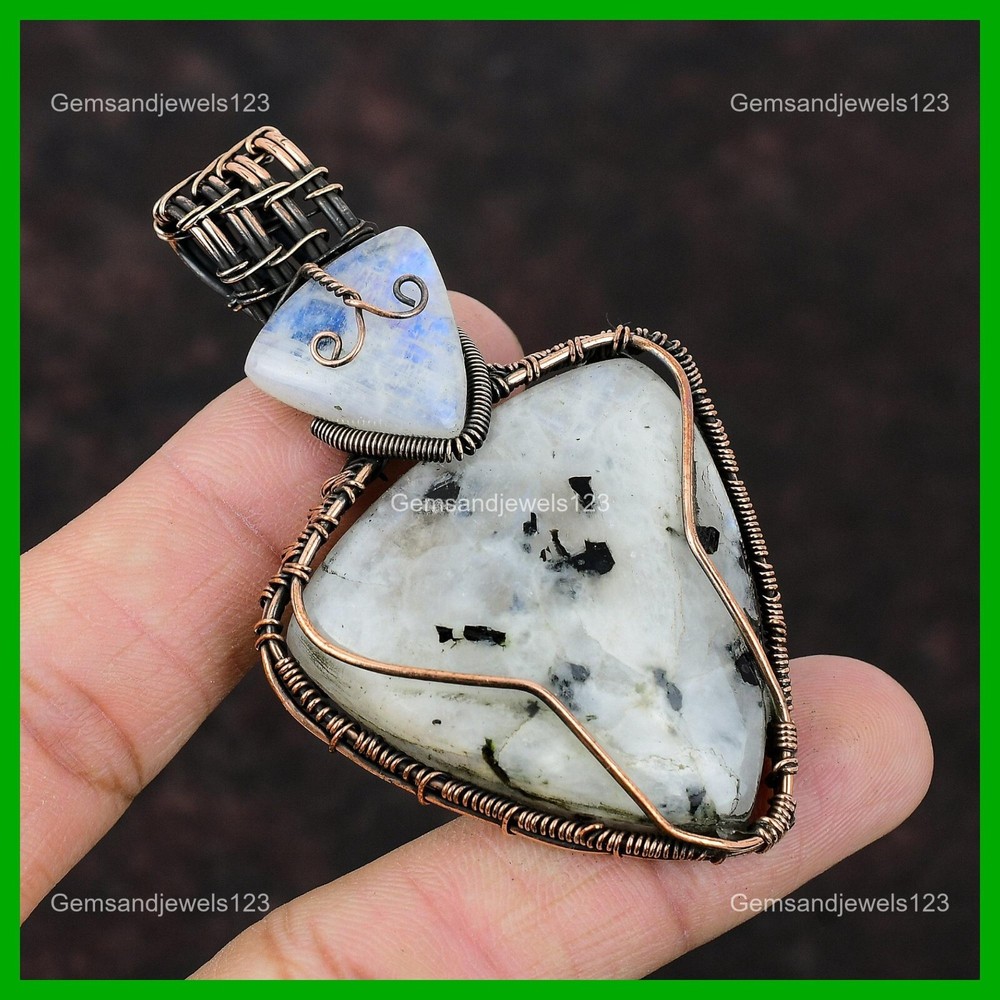 Rainbow Moonstone Boho Wire Wrapped Sister Pendant in Copper for Mother's Day Sale-image