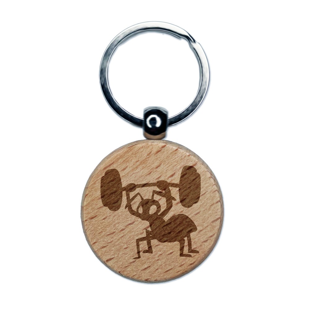 Strong Ant Lifting Barbell Engraved Wood Round Keychain Tag Charm