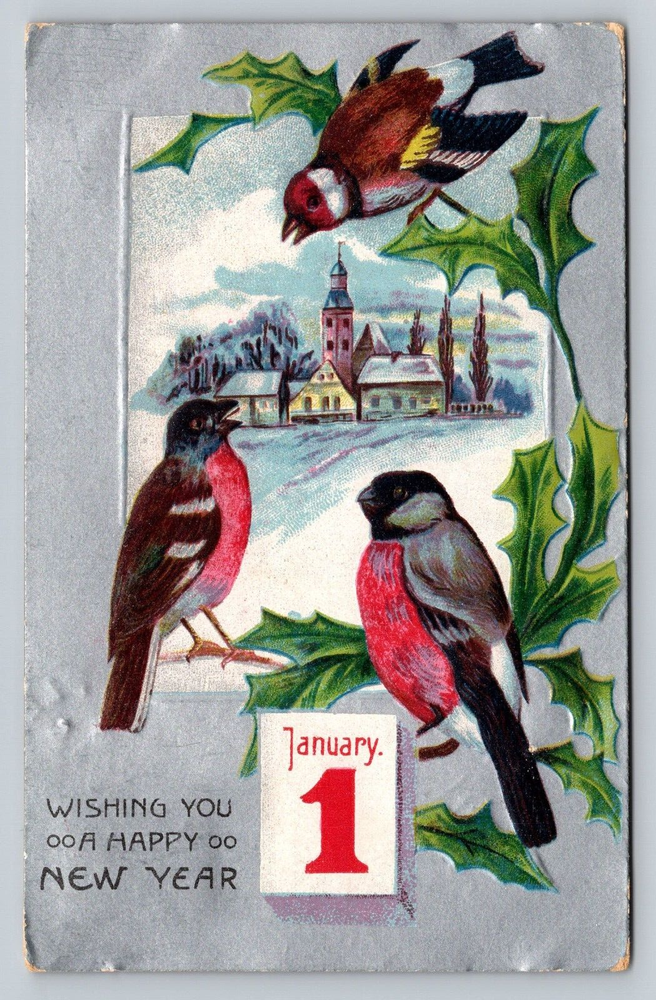 Antique New Year Postcard Big Red One Birds Holly Branch Snow Rural Winter Scene-image