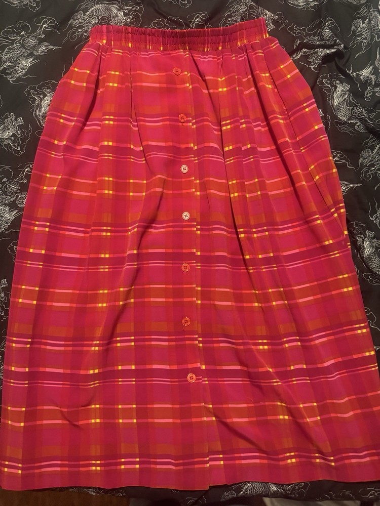 VTG Plaid Elastic Waist Koret Button Down Midi Skirt Sz M Pink Red Pockets