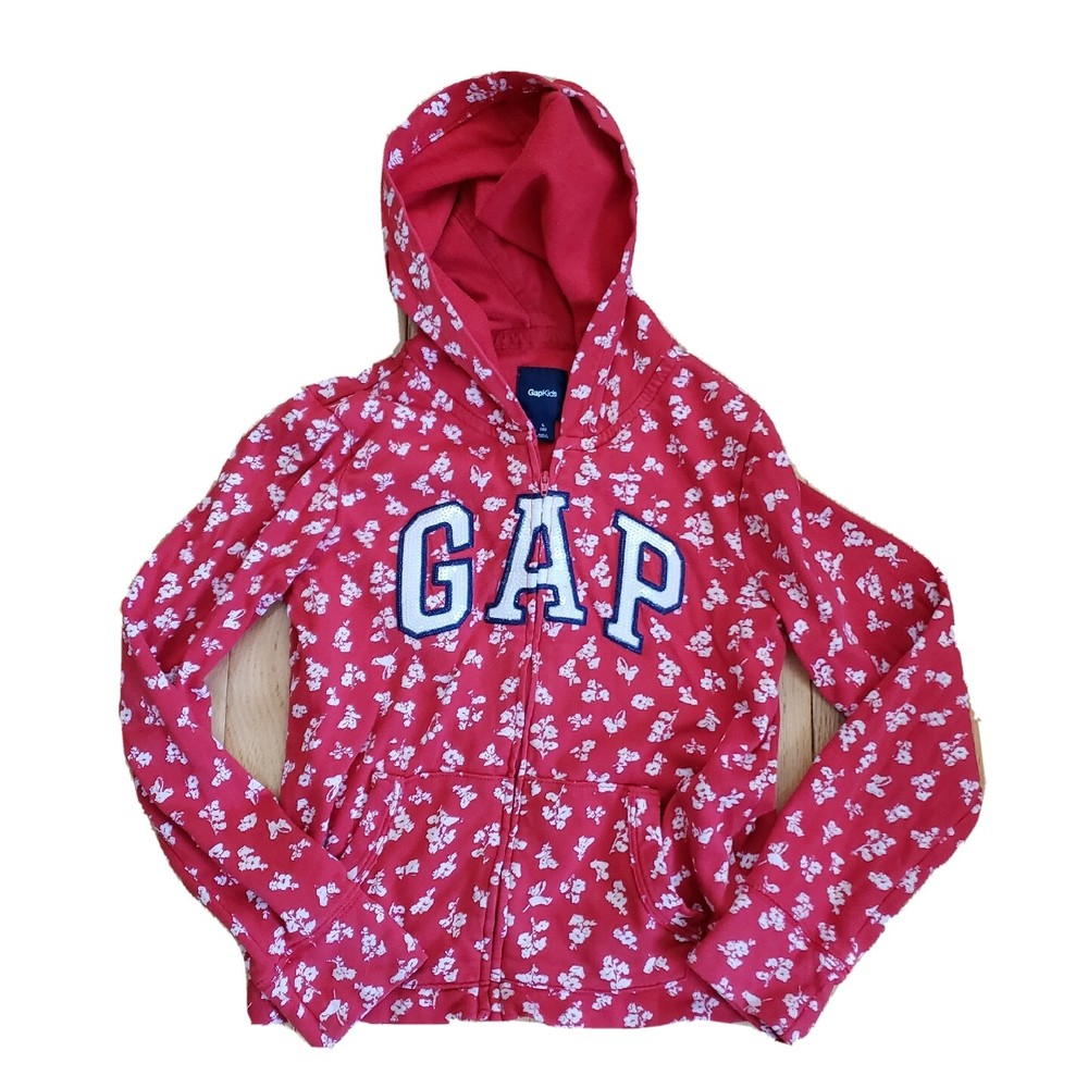 Girls GAP logo full zip up red floral sweatshirt hoodie L 10 spell out sequins