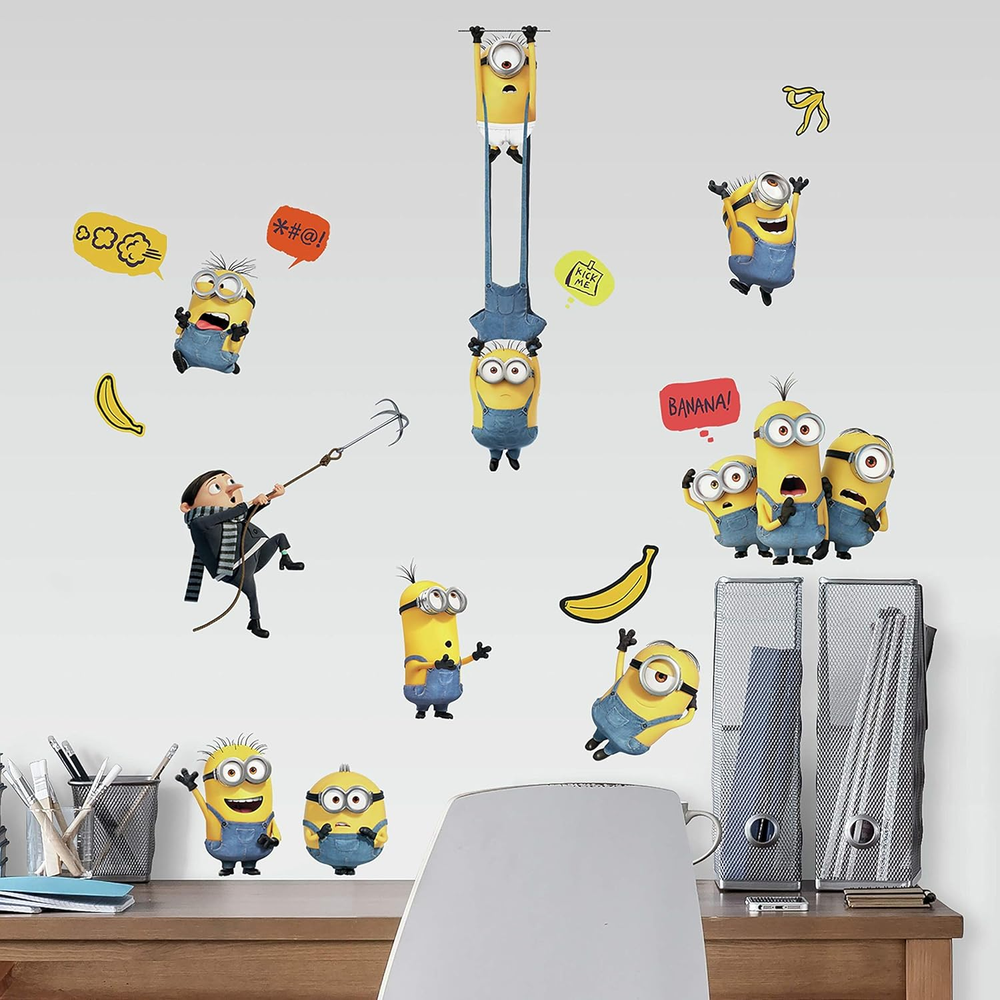 RMK4309SCS Minions 2 Peel and Stick Wall Decals, Yellow, Blue, Red, Black