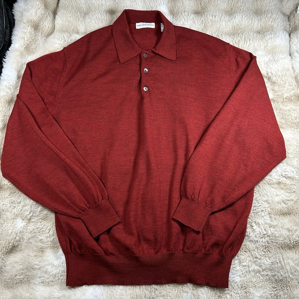 Saks Fifth Avenue Red Sweater Virgin Wool 1/4 Button XL