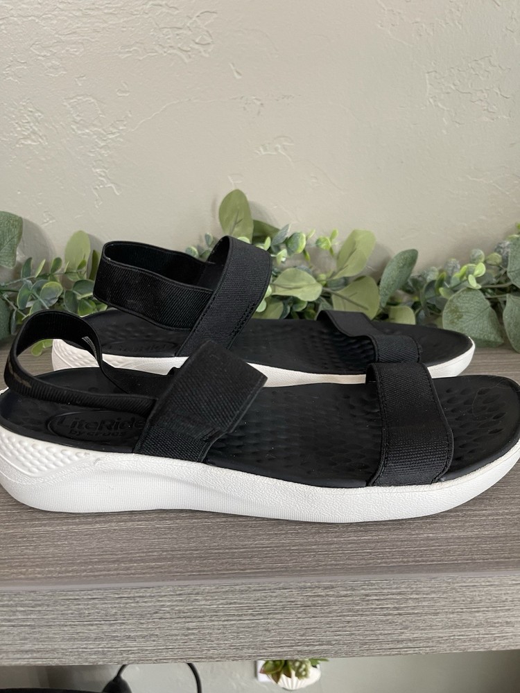 CROCS LiteRide Black Stretchy Comfort Wedge Strappy Sandals Beach Pool Womens 10