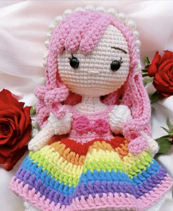 Rainbow Crochet Dress Doll with Pearl Beaded Headband Handmade Gift