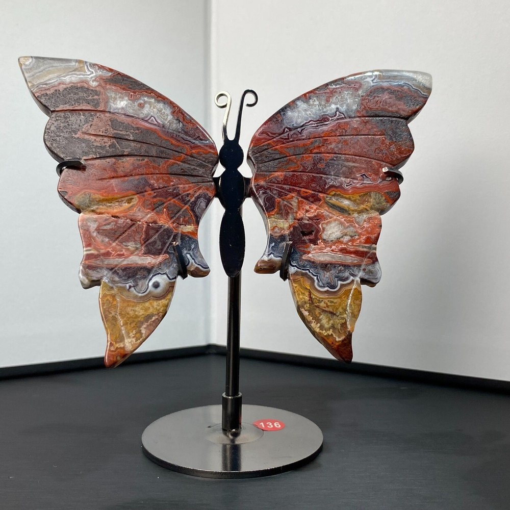 146g-Natural Crazy Agate Crystal Handmade Carving Butterfly+Bracket