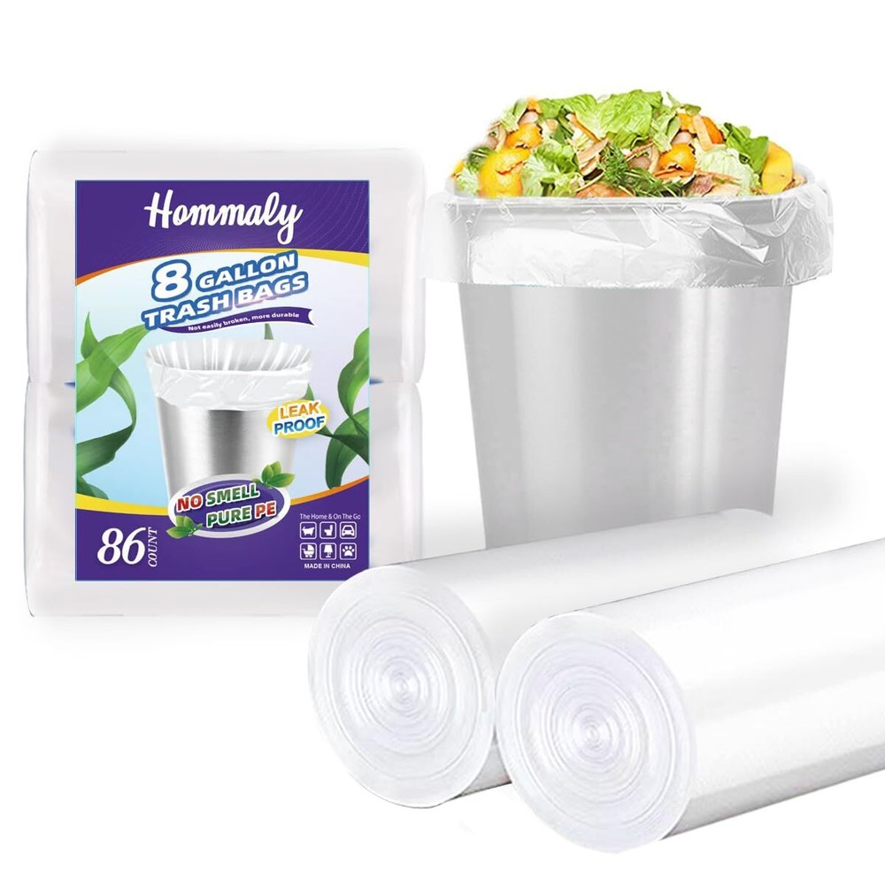 8 Gallon 86 pcs Medium Clear Trash Bags Strong Clear Garbage Bags, Bathroom T...