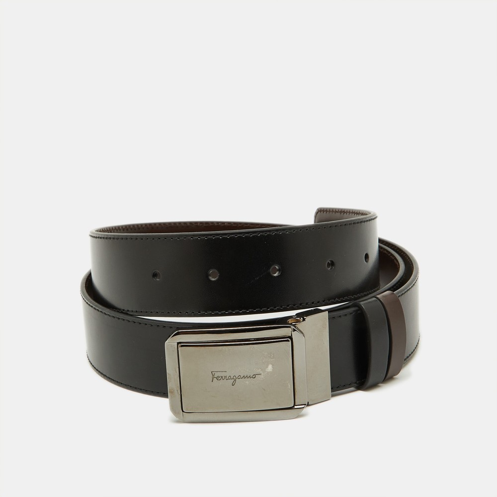 Salvatore Ferragamo Adjustable Leather Buckle Belt in Black Dark Brown