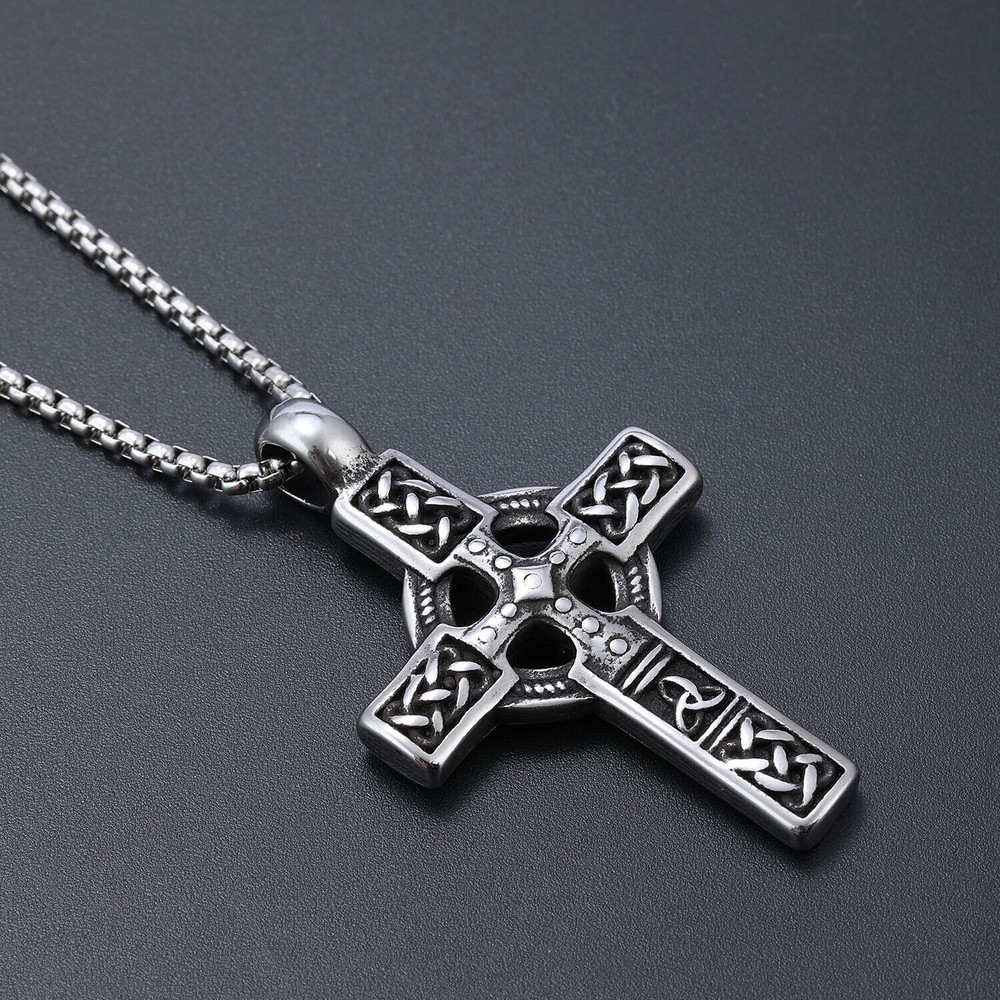 Viking Celtic Knot Cross Necklace for Men - Stainless Steel Amulet Pendant Chain