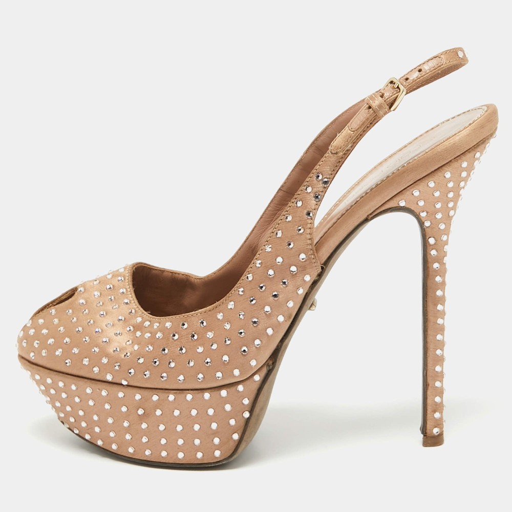 Sergio Rossi Light Brown Crystal Embellished Satin Peep Toe Platform Slingback