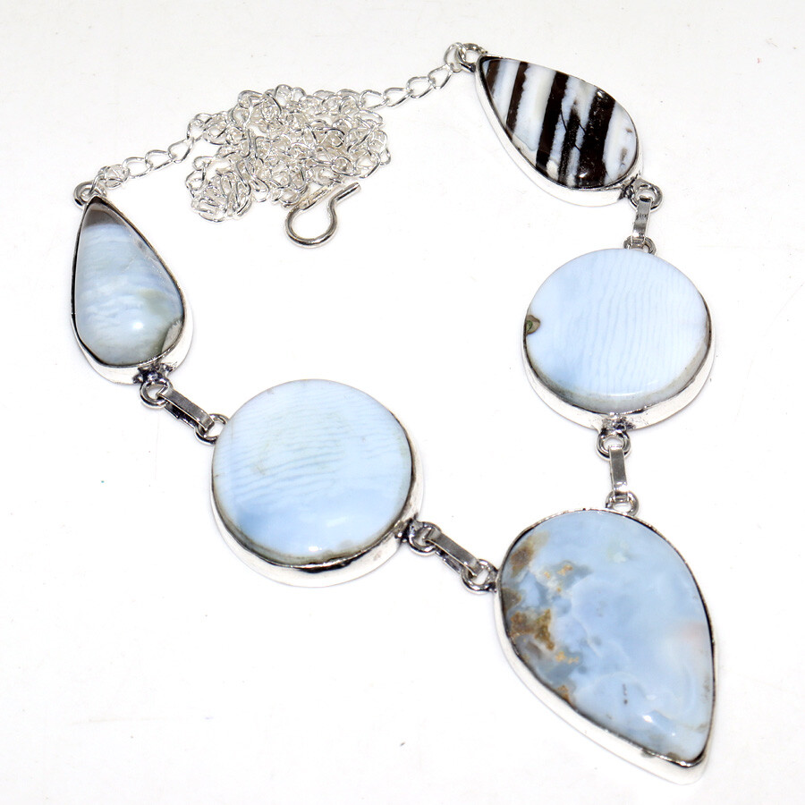925 Silver Plated Owhyee Blue Opal Ethnic Necklace Jewelry Size 17