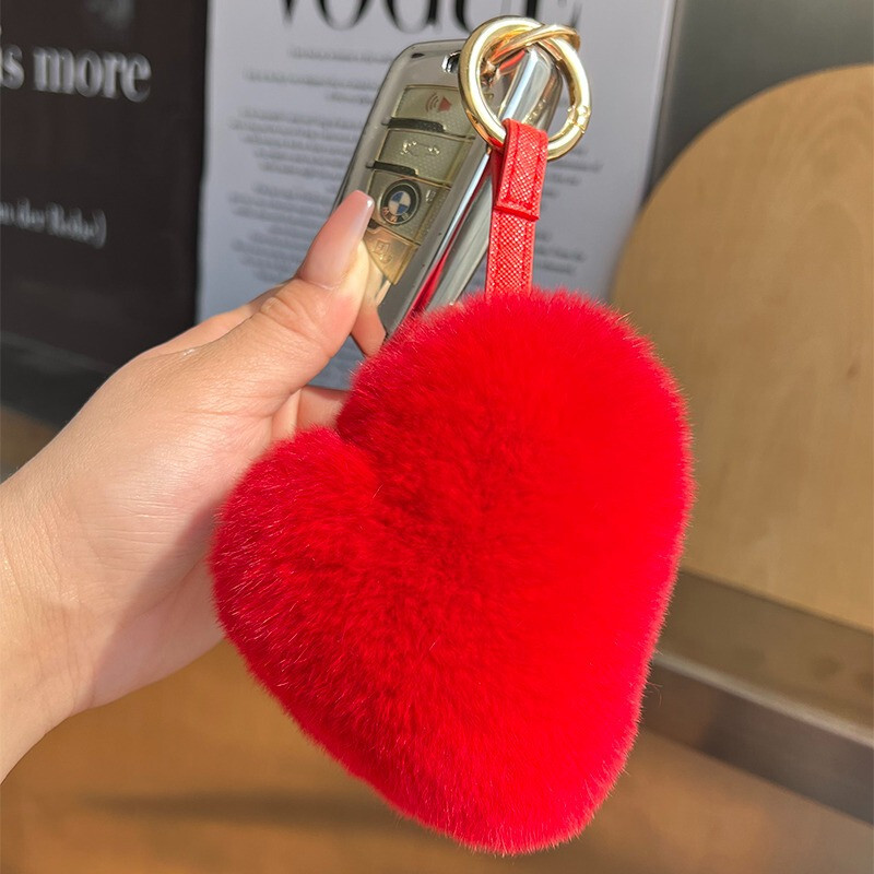 Real Rabbit Fur Heart Pompom Keychain for Bag or Car