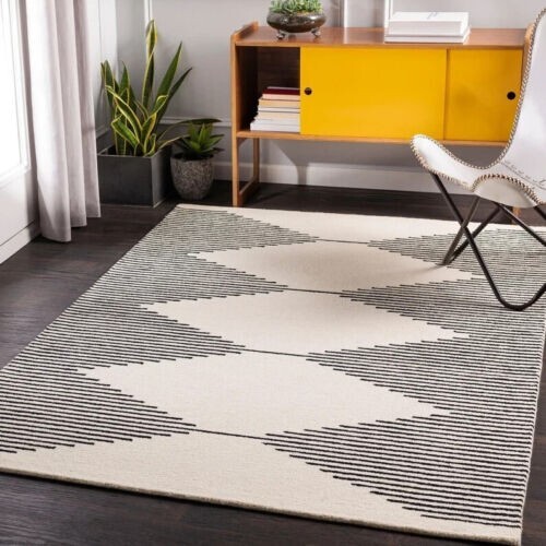 Brand New Modern Black & White Loop Hand-Tufted 100% Wool Soft Area Rug Carpet.