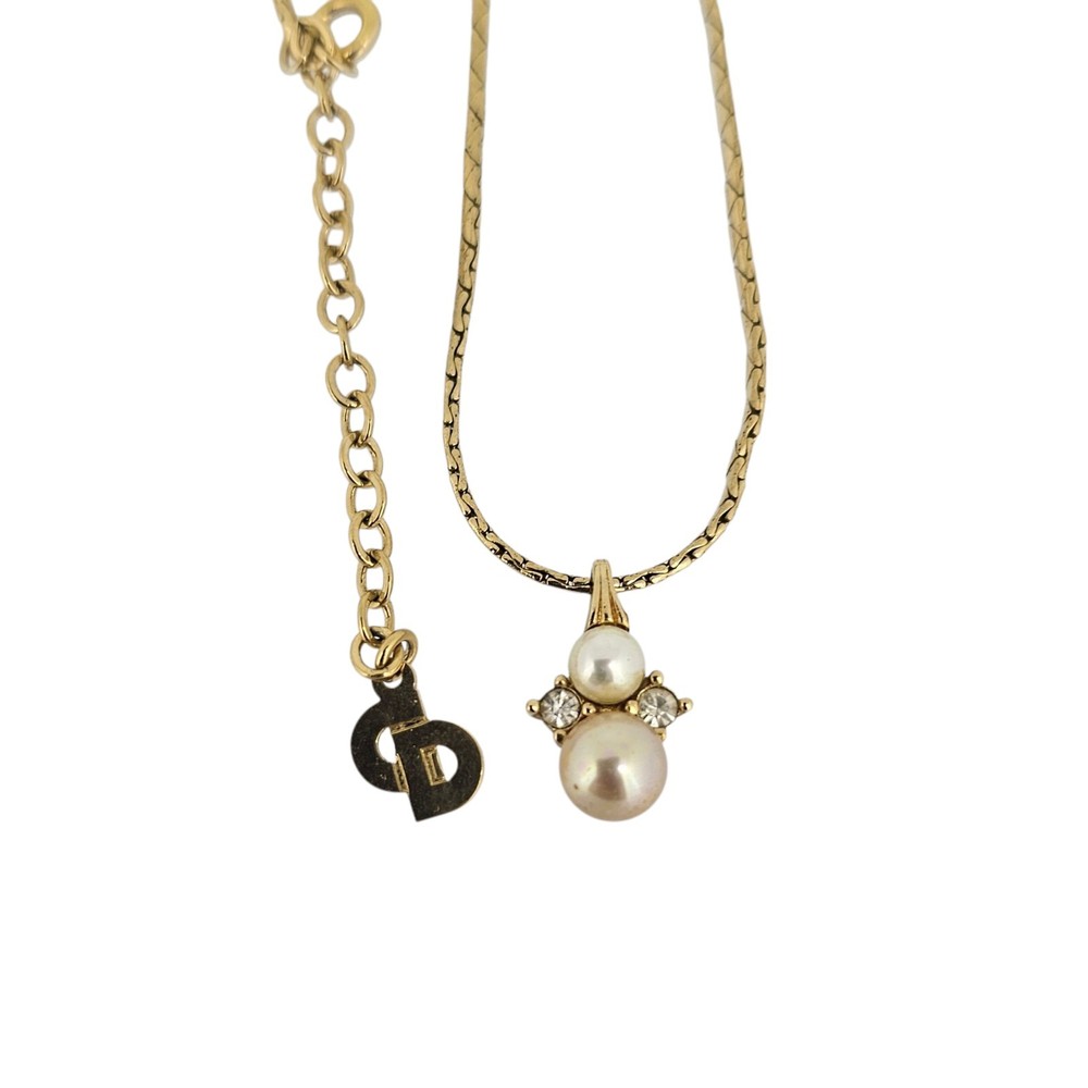 Christian Dior Gold Tone Faux Pearl & Crystal Pendant Necklace