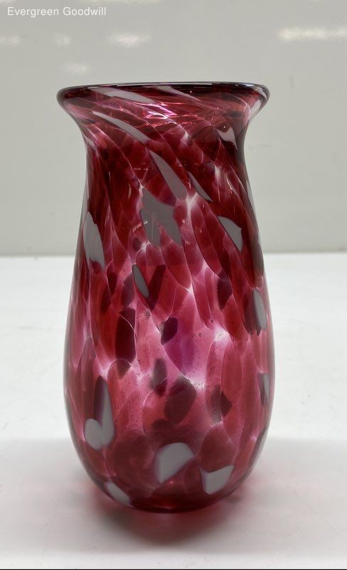 Red and White 6 Inch Blown Glass Vase Handcrafted Unbranded
