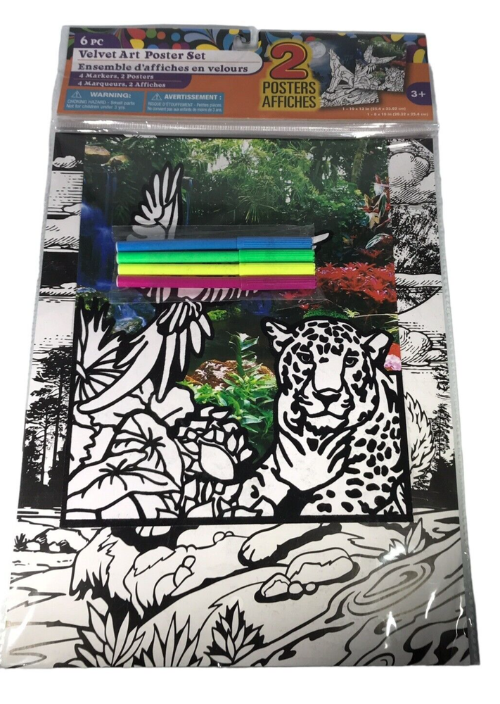 Color Your Own Velvet Poster Set 2 Posters 4 Markers Wildlife Wolf Bird Cat