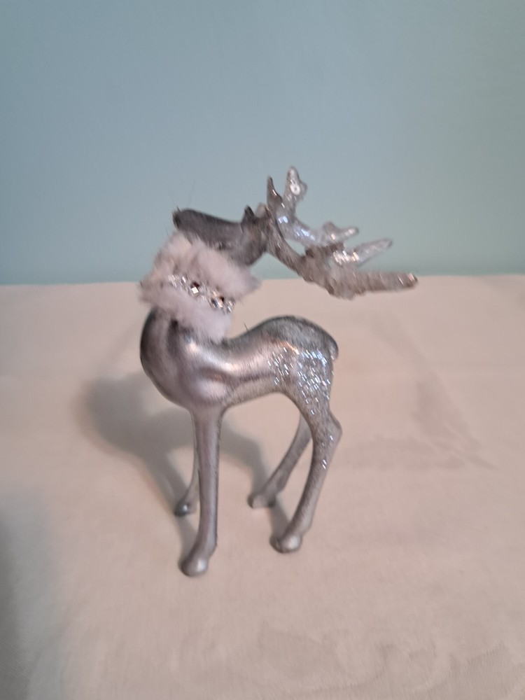 Silver Reindeer Christmas Figurine 5 Inch Glittery Plastic