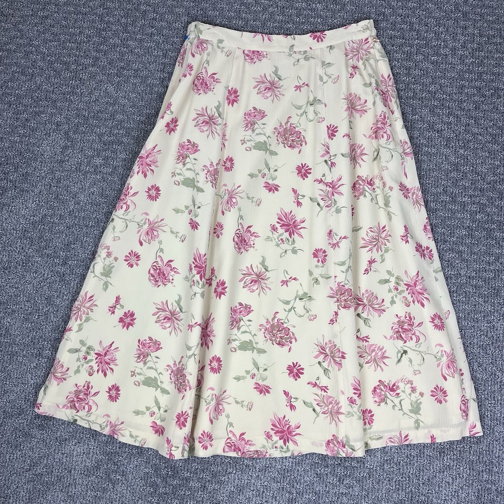Vintage Talbots Skirt Women Twelve Yellow Midi Silk Floral Cottagecore 90s Retro