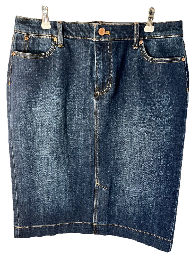 Talbots Denim Knee Length Pencil Skirt Women's Sz 10p 4 Pockets Zip/Button Slit