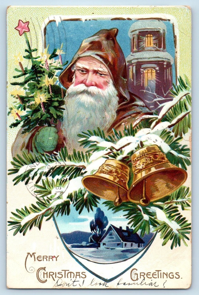Christmas Postcard Greetings Santa Claus Brown Robe Ringing Bells Tuck 1907