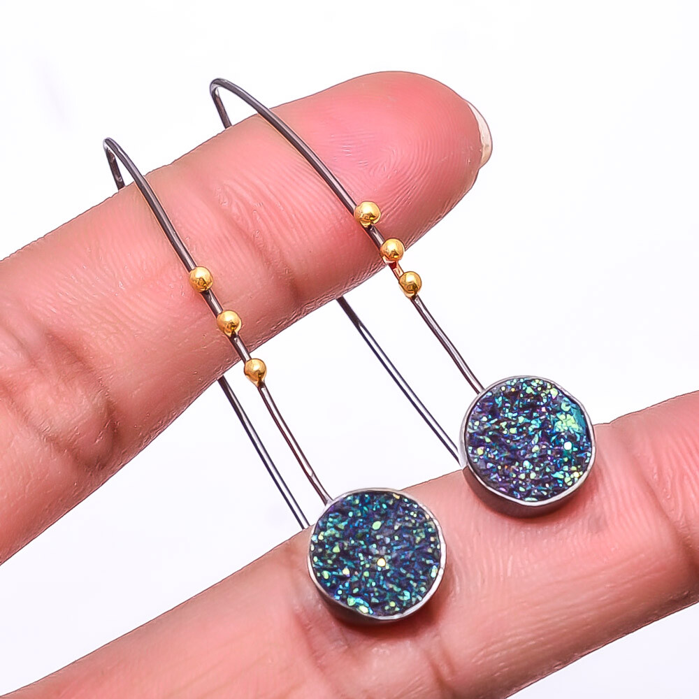 Blue Titanium Agate Drusy 925 Silver Gold Rhodium Drop Earrings 1.95 Inch