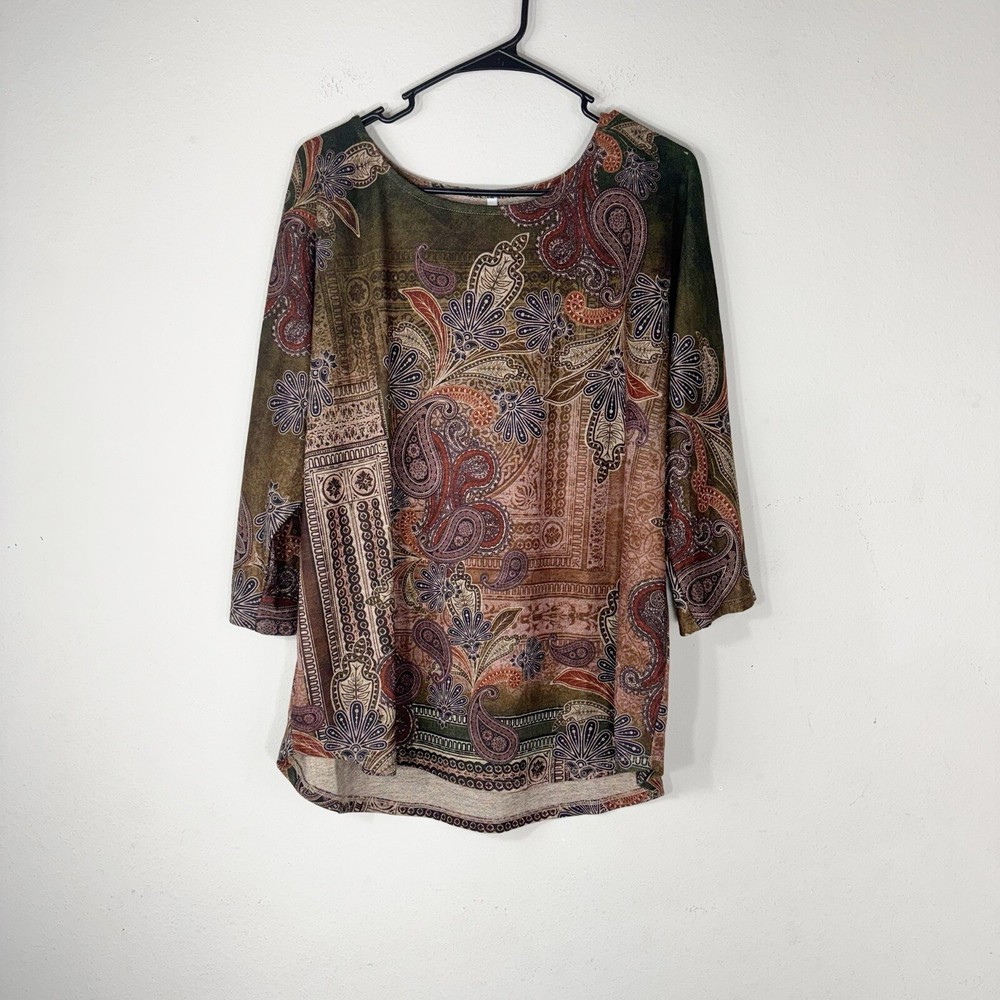 Leo and Nicole Women's Stretch Knit Paisley Patrol Print Top 1X Brown