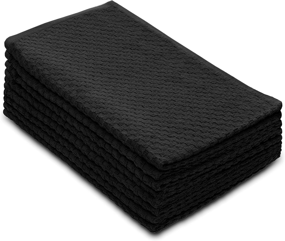 8 Pack - Euro Cafe Waffle Weave Terry Kitchen Towels - 16X28 Inches -Black - 420