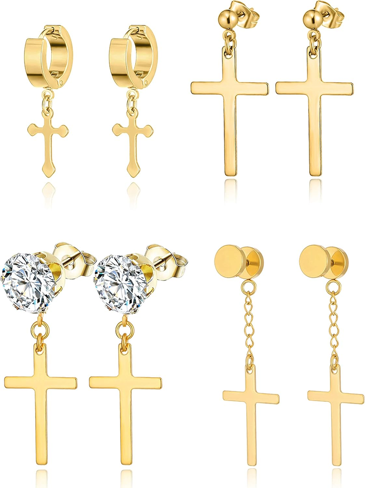 4 Pairs Stainless Steel Hinged Hoop Earrings with CZ Stones