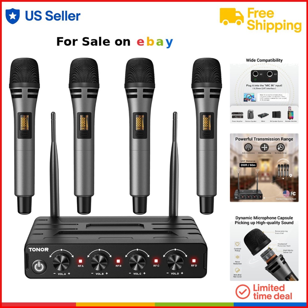 4-Channel UHF Wireless Microphone System for Karaoke Wedding PA with 200FT Range